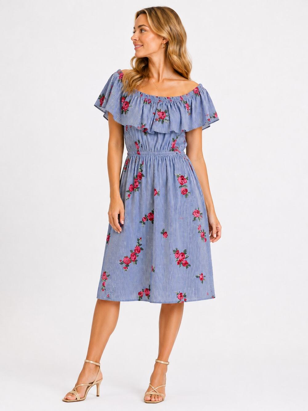 Dad198 Calvin Klein Dress Size 2 Blue White Stripe Floral Embroidered Ruffle